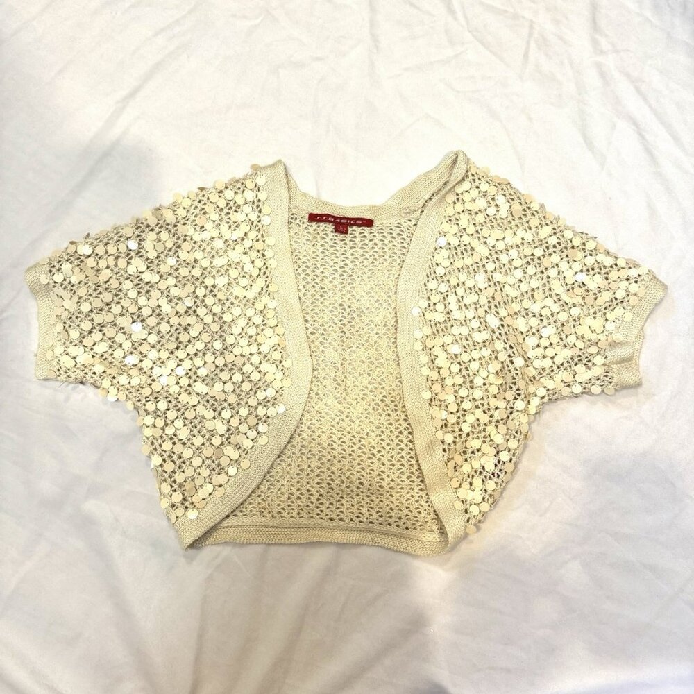 Y2K Cream Sequin Crochet Bolero Knit Open Sweater Cardigan Size Large